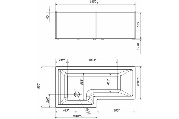 Акриловая ванна Marka One Linea 165x85 см L пристенная, асимметричная