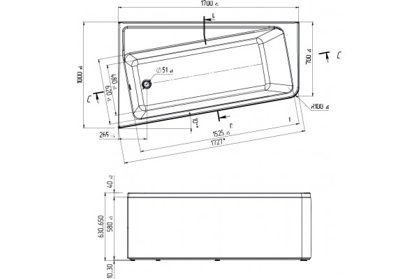 Акриловая ванна Marka One Direct 170x100 см L пристенная, асимметричная