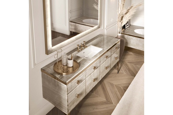 VITAGE milldue edition MAJESTIC Столешница стеклянная 1800х552х46мм 1 отв для раковины 3 отв для смес профиль Bronzo отделка стекло Alabastro gold 5821.180.96.91*1*3