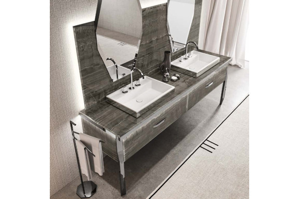 VITAGE milldue edition HILTON Тумба под 2 раковины 2266х566х770 мм 2 бок стенки с ножками 2 ящика фурн полир сталь отделка стекло Alabastro bronze H123.100.98