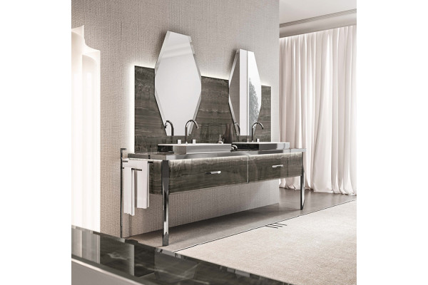 VITAGE milldue edition HILTON Тумба под 2 раковины 2266х566х770 мм 2 бок стенки с ножками 2 ящика фурн полир сталь отделка стекло Alabastro bronze H123.100.98