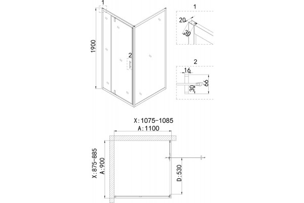 Душевой уголок Niagara Nova NG-43-9AG-A110G 90x110 профиль золото, стекло прозрачное, прямоугольный, двери распашные