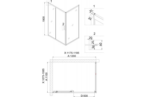 Душевой уголок Niagara Nova NG-42-12AG-A110G 120x110 профиль золото, стекло прозрачное, прямоугольный, двери раздвижные