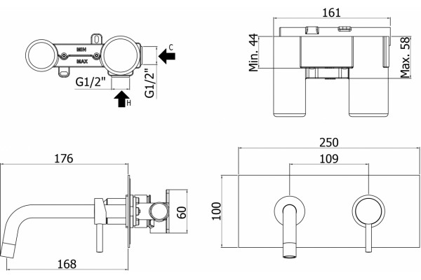 Смеситель Paffoni Light LIG101NO/M С ВНУТРЕННЕЙ ЧАСТЬЮ, для раковины, однорычажный, черный