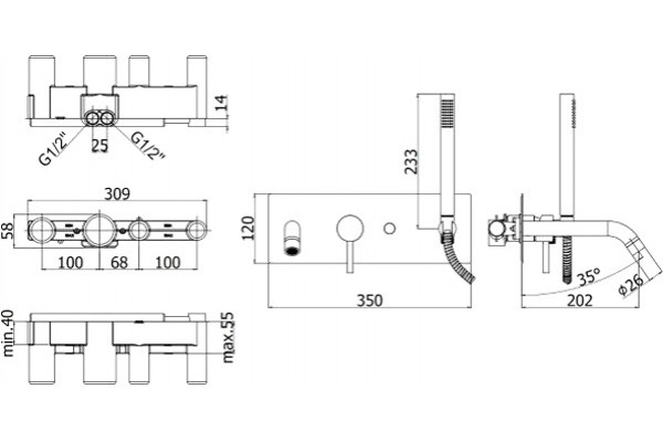 Смеситель Paffoni Light LIG001BO с внутренней частью для ванны с душем, белый, однорычажный, длина излива 20.2 см