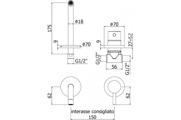 Смеситель Paffoni Light LIG006ST70 с внутренней частью для раковины, сталь, однорычажный, длина излива 17.5 см