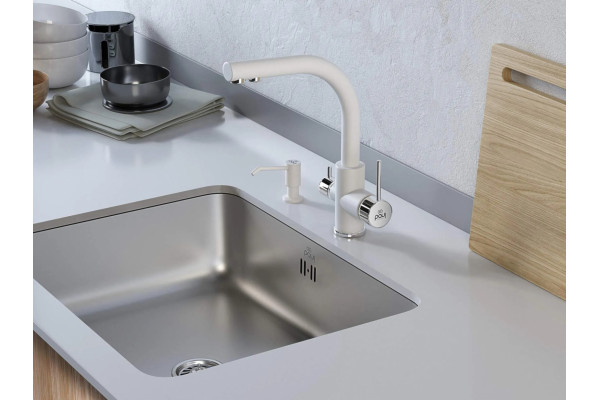 Смеситель Paulmark Essen Es213011-431TW для кухонной мойки, белый матовый, однорычажный, высота излива 27.4 см