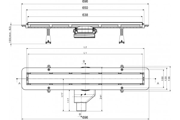 Душевой лоток Pestan Confluo Frameless Line 650 черный матовый в пол около стены, выпуск боковой