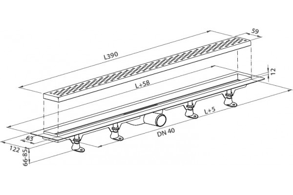 Душевой лоток Plastbrno DESIGN 4 SZE4390 с решеткой и опорами, в пол около стены, выпуск боковой