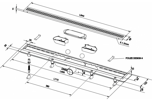 Душевой лоток Plastbrno DESIGN 3 SZA3650 с решеткой и опорами, в пол около стены, выпуск прямой
