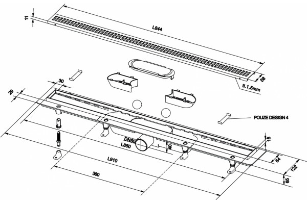 Душевой лоток Plastbrno DESIGN 2 SZA2850 с решеткой и опорами, в пол около стены, выпуск прямой