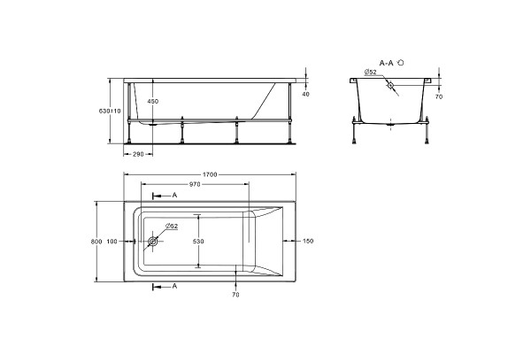 Ванна акриловая ванна прямоугольная ROCA EASY 1700x800 мм, белый ZRU9307624