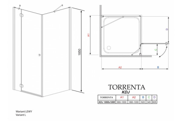 Душевой уголок Radaway Torrenta KDJ 100 прозрачное стекло L квадратный, двери распашные