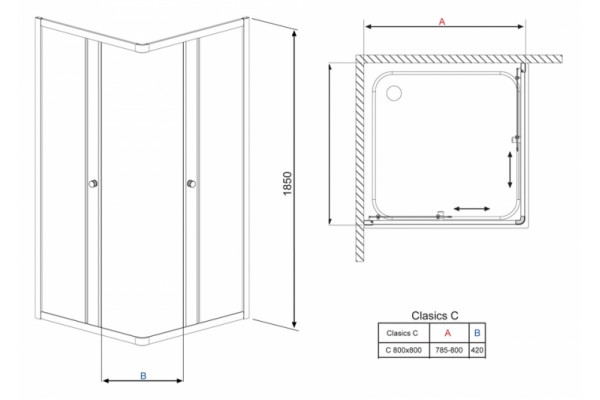 Душевой уголок Radaway Classic C 80 стекло графит квадратный, двери раздвижные