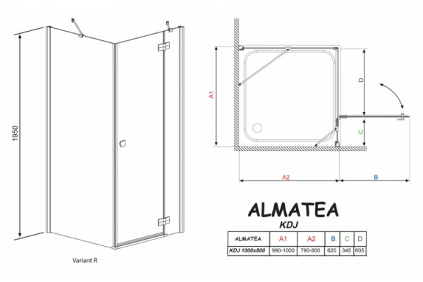 Душевой уголок Radaway Almatea KDJ 100x80 прозрачное стекло R прямоугольный, двери распашные
