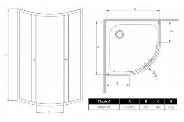 Душевой уголок Radaway Classic A 80x170 коричневое стекло четверть круга, двери раздвижные