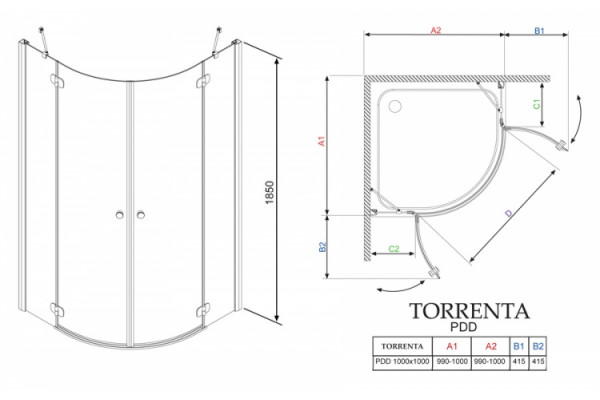 Душевой уголок Radaway Torrenta PDD 100 стекло графит четверть круга, двери распашные