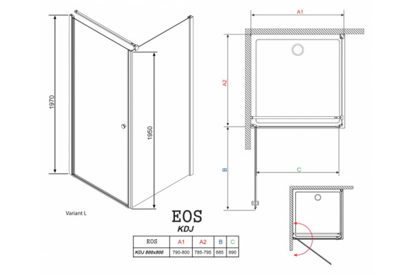 Душевой уголок Radaway EOS KDJ 80 прозрачное стекло L квадратный, двери распашные