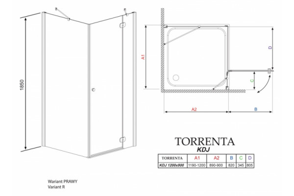 Душевой уголок Radaway Torrenta KDJ 120x90 стекло графит R прямоугольный, двери распашные
