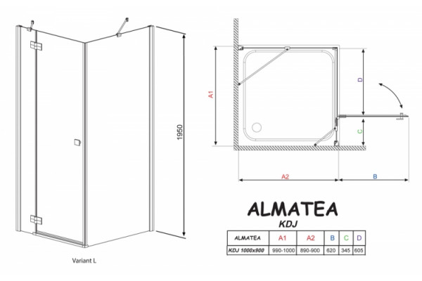 Душевой уголок Radaway Almatea KDJ 100x90 стекло графит L прямоугольный, двери распашные