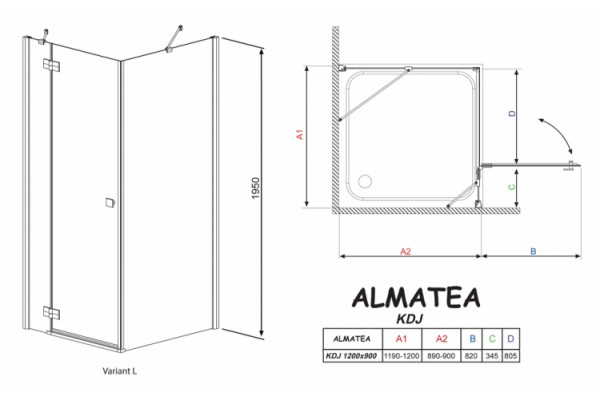 Душевой уголок Radaway Almatea KDJ 120x90 прозрачное стекло L прямоугольный, двери распашные