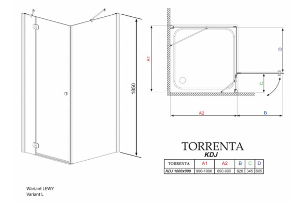 Душевой уголок Radaway Torrenta KDJ 100x90 прозрачное стекло L прямоугольный, двери распашные