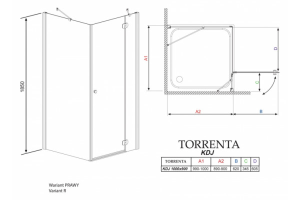 Душевой уголок Radaway Torrenta KDJ 100x90 стекло гарфит R прямоугольный, двери распашные