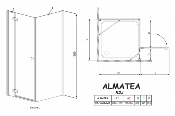 Душевой уголок Radaway Almatea KDJ 120x80 прозрачное стекло L прямоугольный, двери распашные