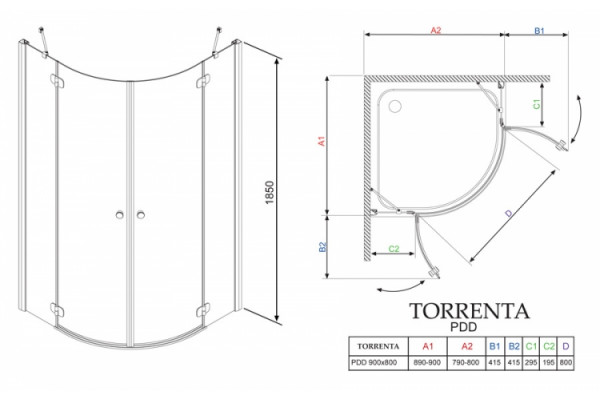 Душевой уголок Radaway Torrenta PDD/E 90x80 стекло графит прямоугольный-асимметричный, двери распашные