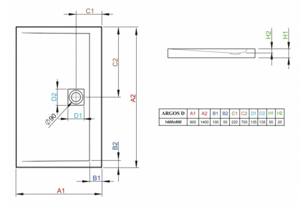Поддон для душа Radaway Argos D90x140 прямоугольный, низкий