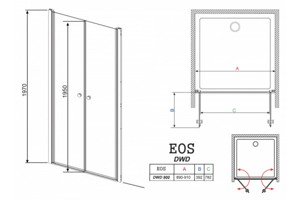Душевая дверь в нишу Radaway EOS DWD 90 прозрачное стекло распашная, профиль хром