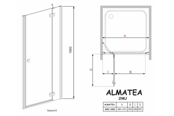 Душевая дверь в нишу Radaway Almatea DWJ 100 прозрачное стекло R распашная, профиль хром
