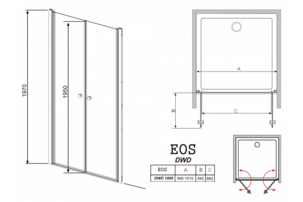 Душевая дверь в нишу Radaway EOS DWD 100 прозрачное стекло распашная, профиль хром
