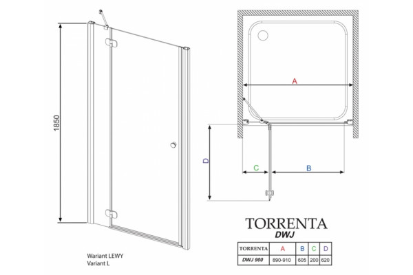 Душевая дверь в нишу Radaway Torrenta DWJ 90 прозрачное стекло L распашная, профиль хром