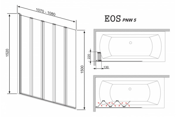 Шторка на ванну Radaway EOS PNW 5 складная, стекло прозрачное, профиль хром