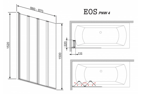 Шторка на ванну Radaway EOS PNW 4 складная, стекло прозрачное, профиль хром