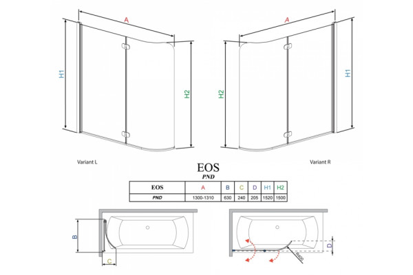 Шторка на ванну Radaway EOS PND 130 R складная, стекло прозрачное, профиль хром