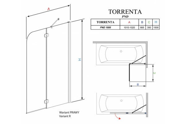 Шторка на ванну Radaway Torrenta PND 100 прозрачное стекло R распашная, профиль хром