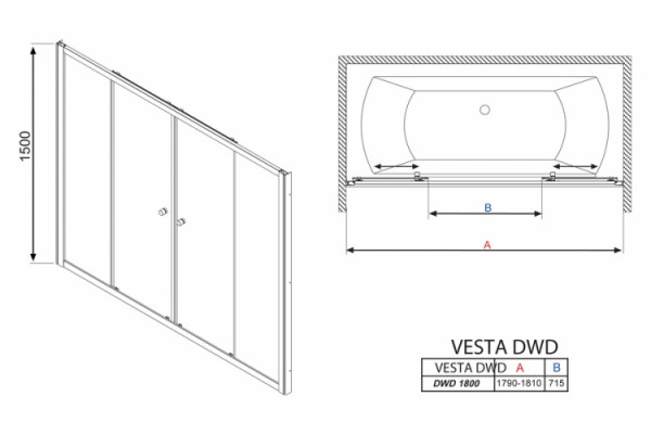 Шторка на ванну Radaway Vesta DWD 180 прозрачное стекло раздвижная, профиль хром
