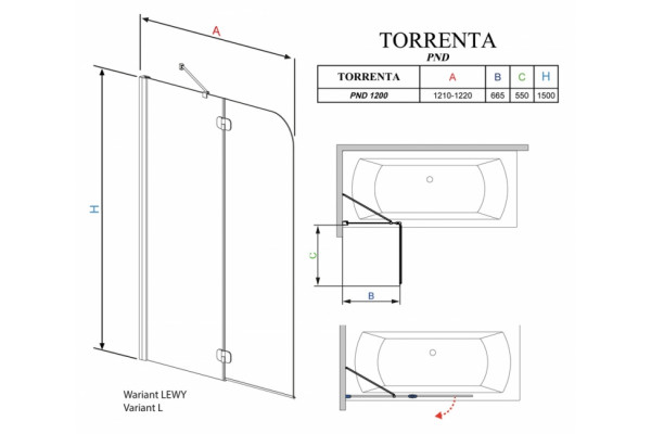 Шторка на ванну Radaway Torrenta PND 120 прозрачное стекло L распашная, профиль хром