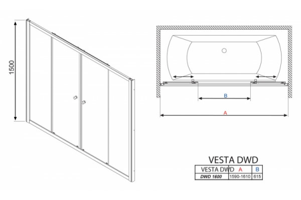 Шторка на ванну Radaway Vesta DWD 160 прозрачное стекло раздвижная, профиль хром