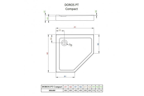 Поддон для душа Radaway Doros PT Compact 90x90 пятиугольный, низкий