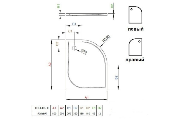 Поддон для душа Radaway Delos E 90x80, R, прямоугольный-асимметричный, низкий