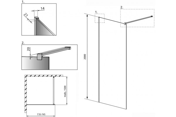 Душевая перегородка Radaway Modo New Black II Frame 75 стекло прозрачное, профиль черный