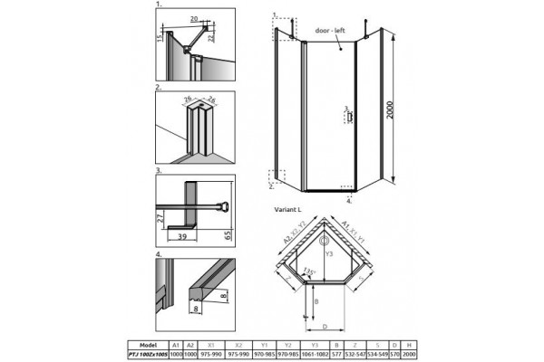 Душевой уголок Radaway Nes Black PTJ 100x100, L, двери распашные, стекло прозрачное