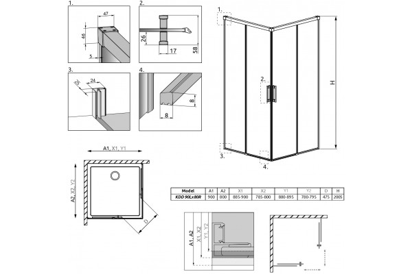Душевой уголок Radaway Idea Black KDD 90x80 прямоугольный, двери раздвижные