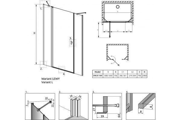 Душевая дверь в нишу Radaway Nes DWJS 140 L распашная, стекло прозрачное