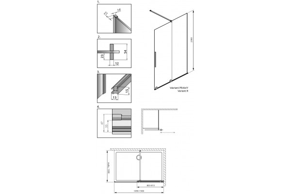Душевая перегородка Radaway Furo Gold Walk-in 10106788-09-01R двери раздвижные, стекло прозрачное