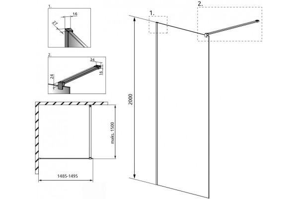 Душевая перегородка Radaway Modo X Black II Frame 150 стекло прозрачное, профиль черный