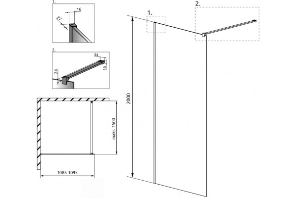 Душевая перегородка Radaway Modo X Black II Frame 110 стекло прозрачное, профиль черный